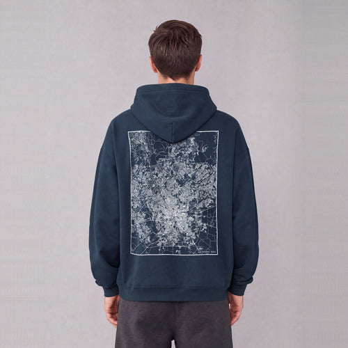 San Antonio map hoodie, back print on model - Navy Blue