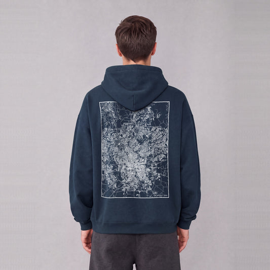 San Antonio map hoodie, back print on model - Navy Blue