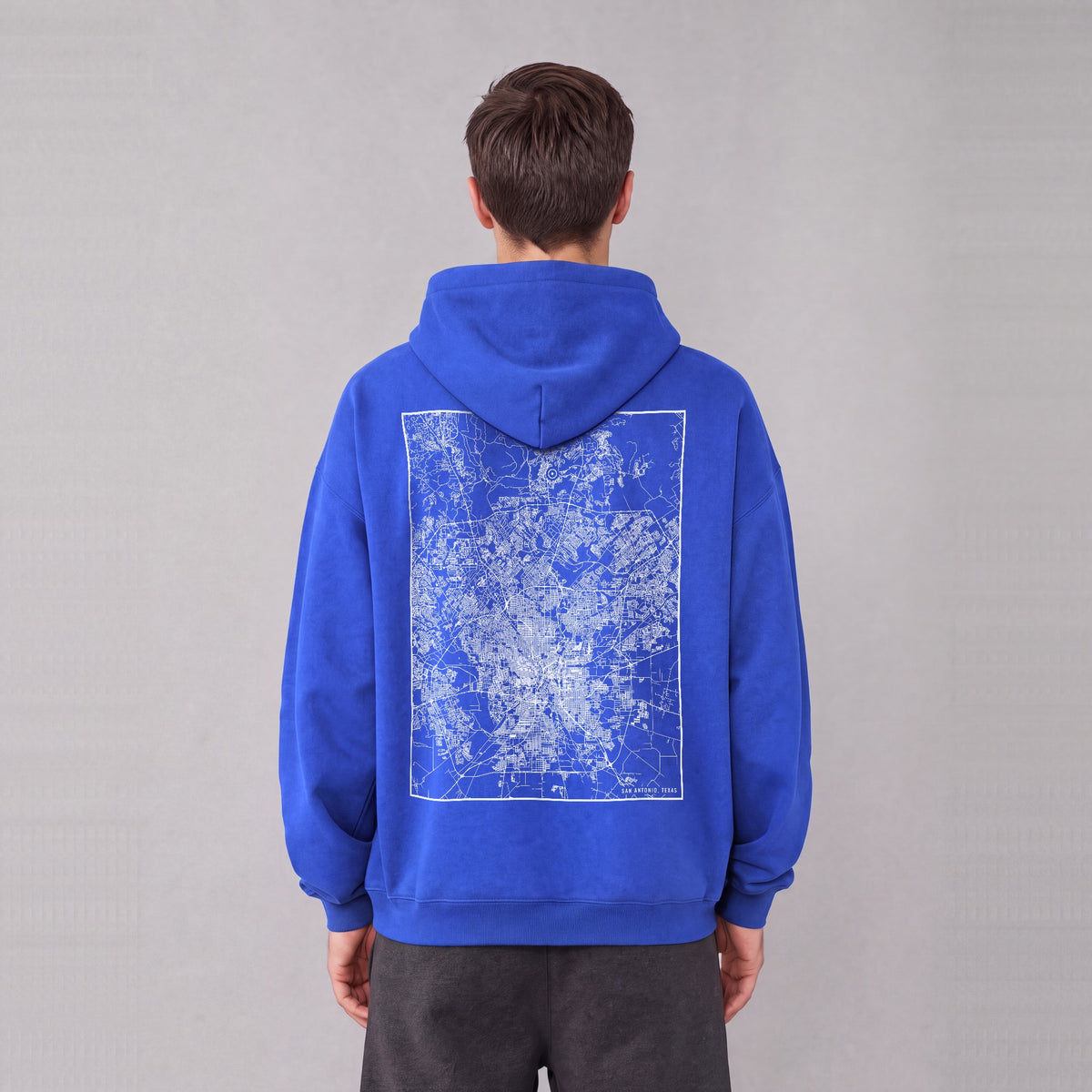 San Antonio map hoodie, back print on model - Royal Blue