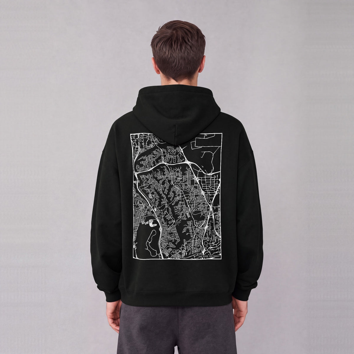San Diego map hoodie, back print on model - Black