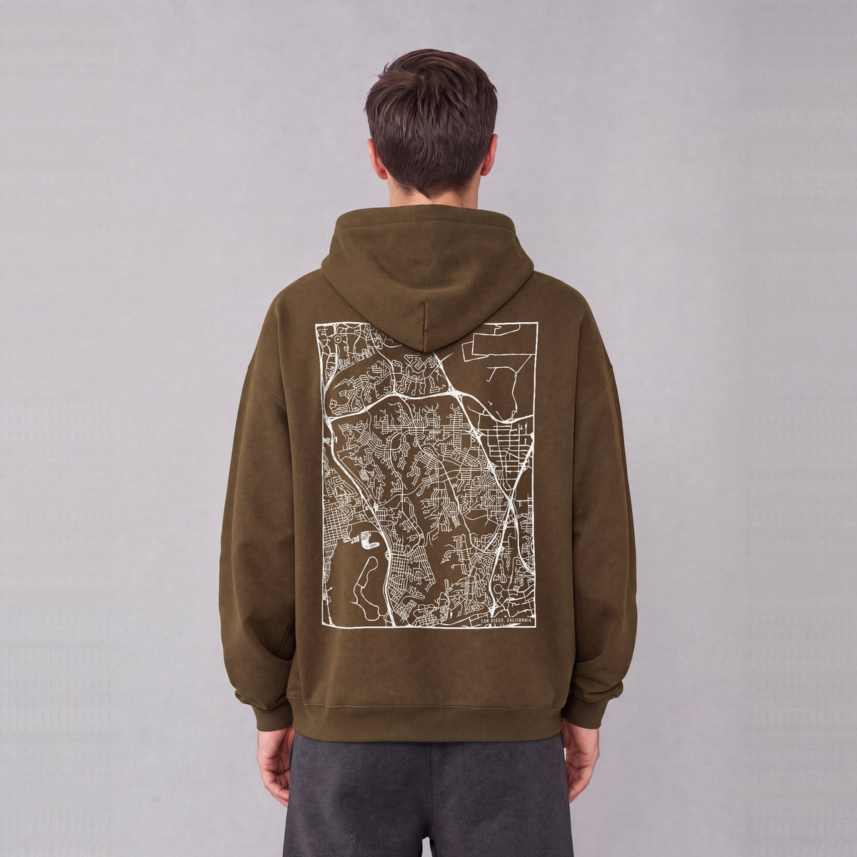 San Diego map hoodie, back print on model - Coffee
