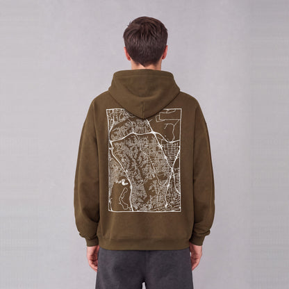 San Diego map hoodie, back print on model - Coffee