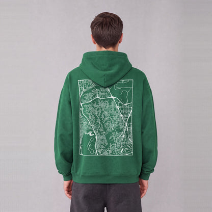 San Diego map hoodie, back print on model - Eden Green