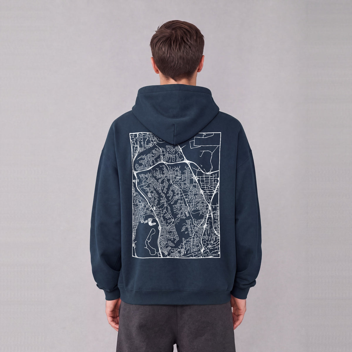 San Diego map hoodie, back print on model - Navy Blue