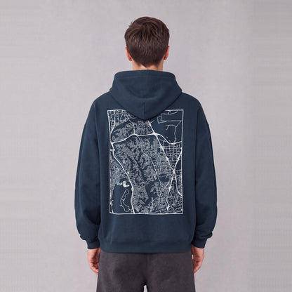 San Diego map hoodie, back print on model - Navy Blue
