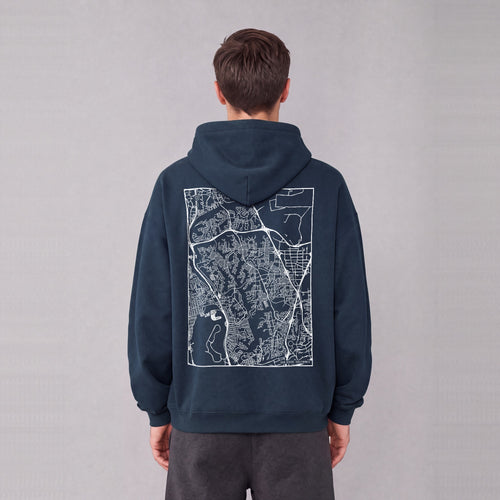 San Diego map hoodie, back print on model - Navy Blue