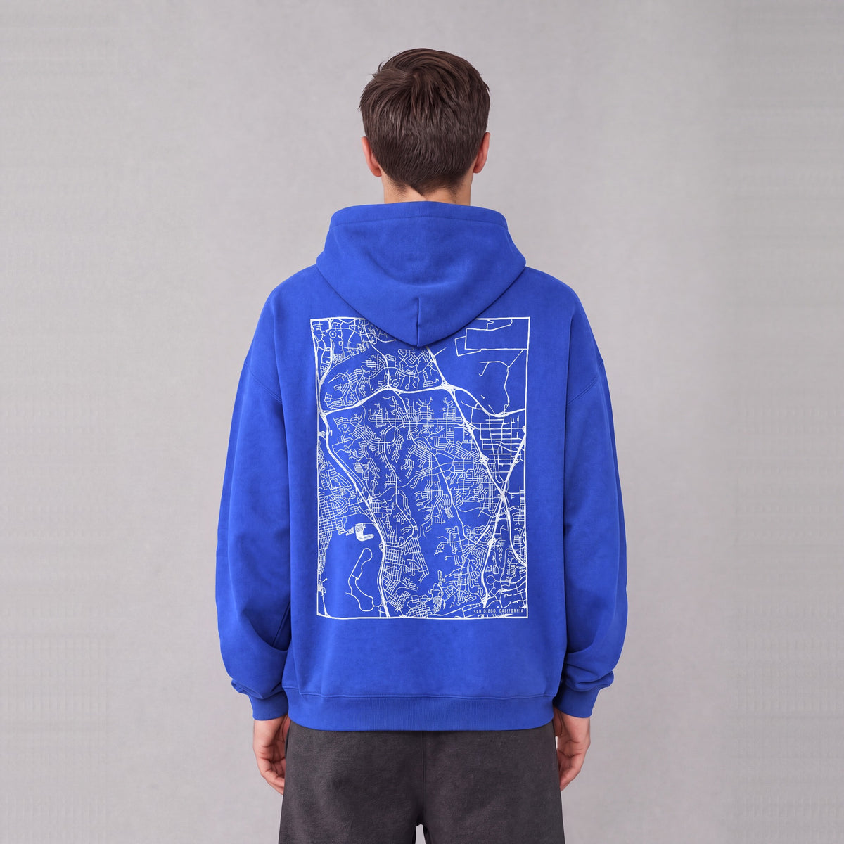 San Diego map hoodie, back print on model - Royal Blue