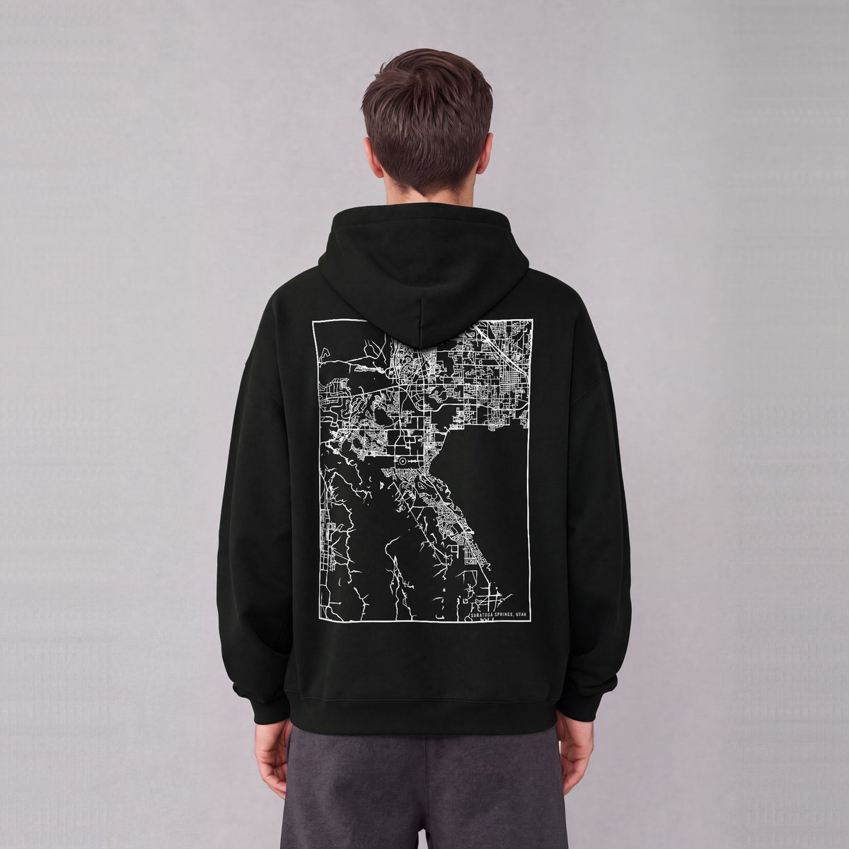Saratoga Springs map hoodie, back print on model - Black