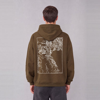 Saratoga Springs map hoodie, back print on model - Coffee