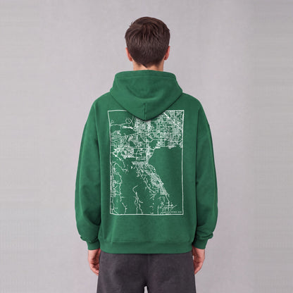 Saratoga Springs map hoodie, back print on model - Eden Green