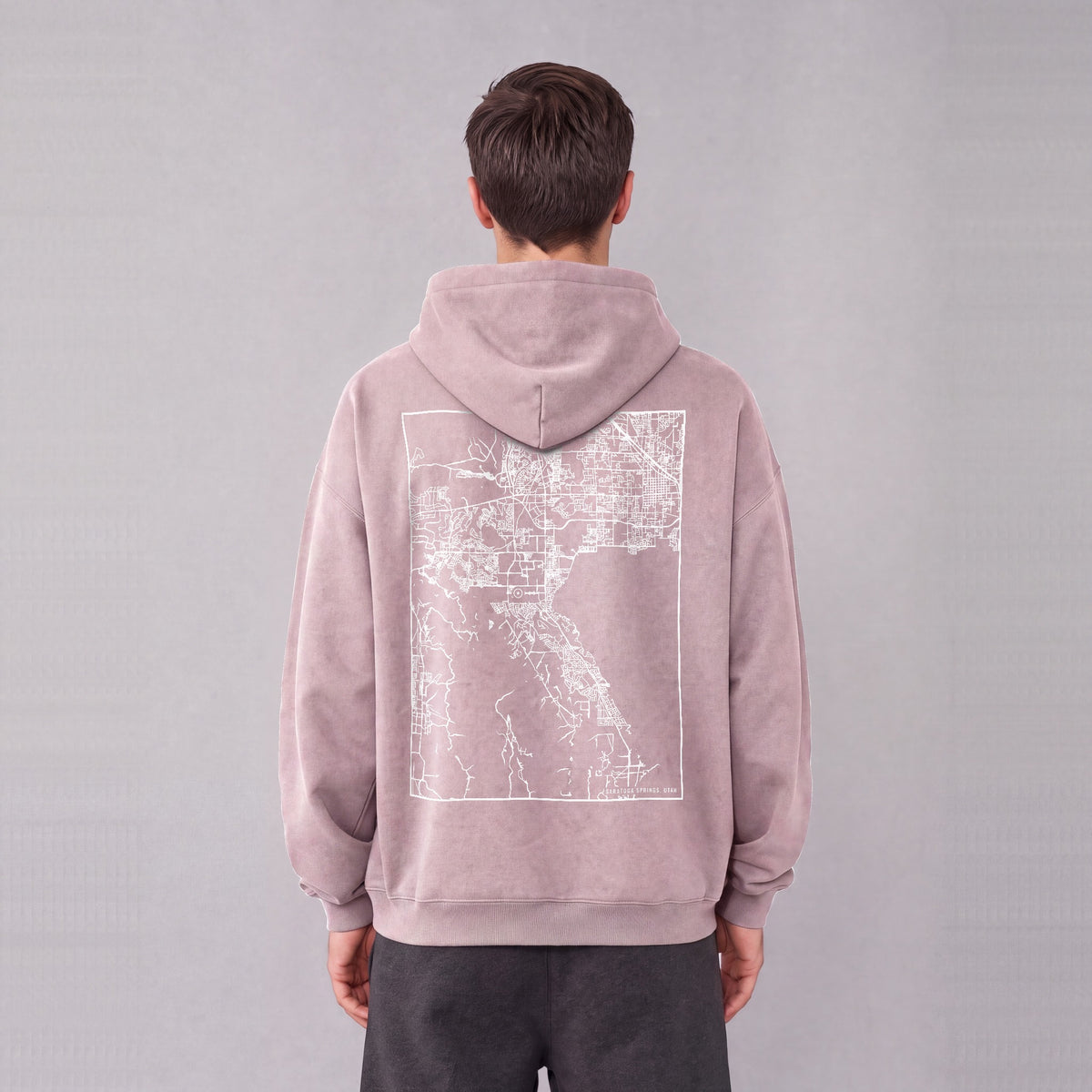 Saratoga Springs map hoodie, back print on model - Mauve