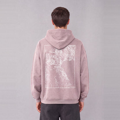 Saratoga Springs map hoodie, back print on model - Mauve