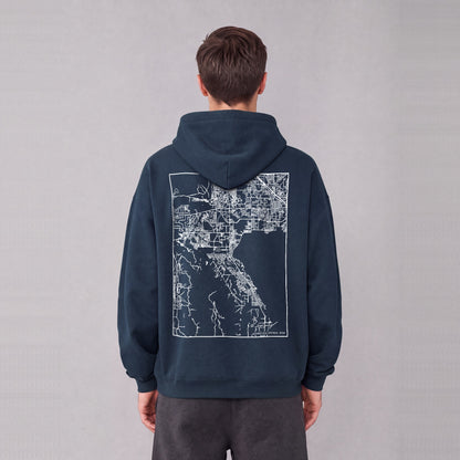 Saratoga Springs map hoodie, back print on model - Navy Blue