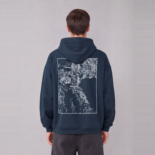 Saratoga Springs map hoodie, back print on model - Navy Blue