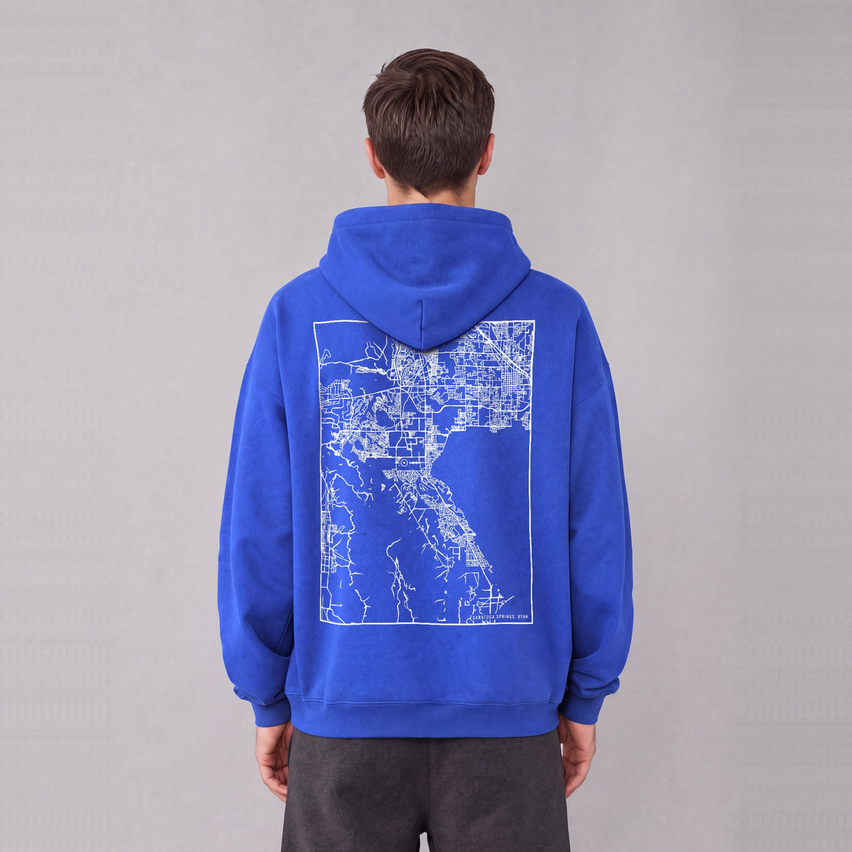 Saratoga Springs map hoodie, back print on model - Royal Blue