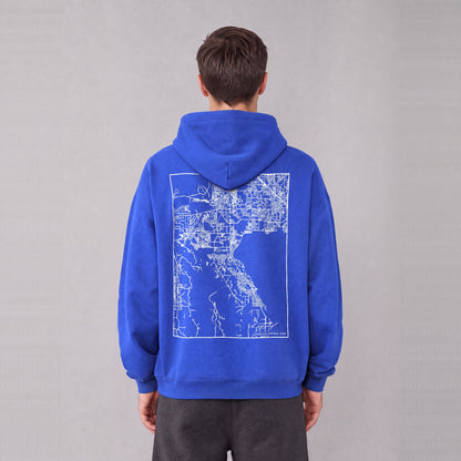 Saratoga Springs map hoodie, back print on model - Royal Blue