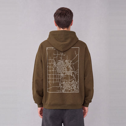 Smithfield map hoodie, back print on model - Coffee