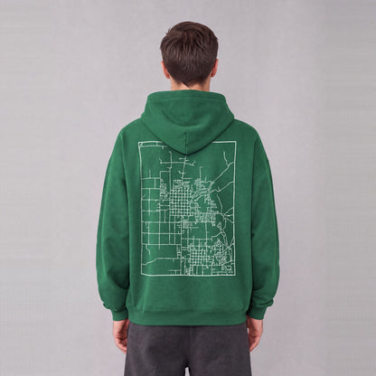 Smithfield map hoodie, back print on model - Eden Green