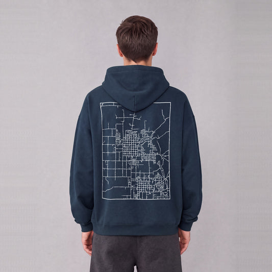 Smithfield map hoodie, back print on model - Navy Blue