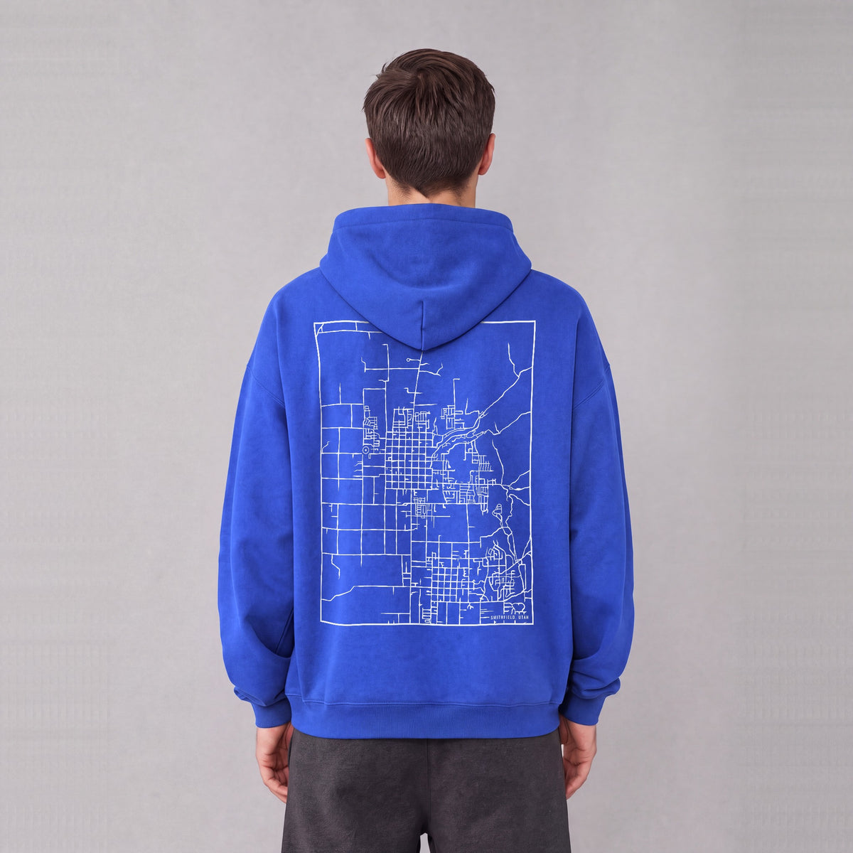 Smithfield map hoodie, back print on model - Royal Blue