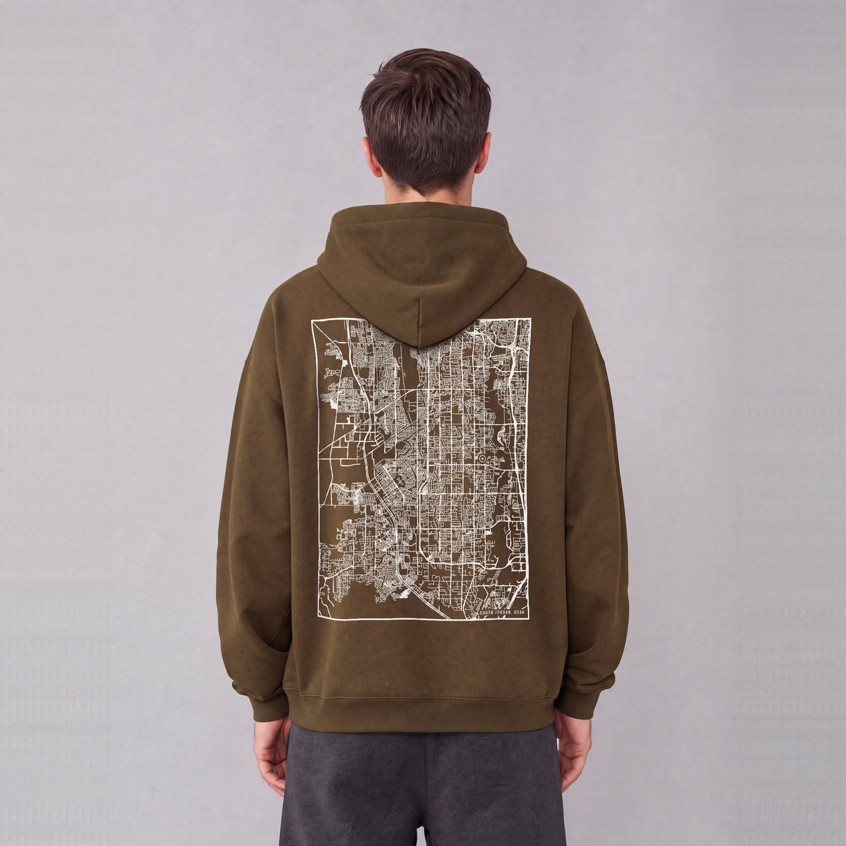 South Jordan map hoodie, back print on model - Coffee