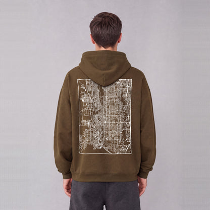 South Jordan map hoodie, back print on model - Coffee