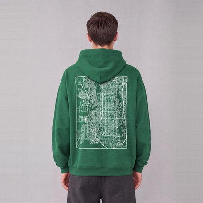 South Jordan map hoodie, back print on model - Eden Green