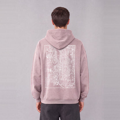 South Jordan map hoodie, back print on model - Mauve