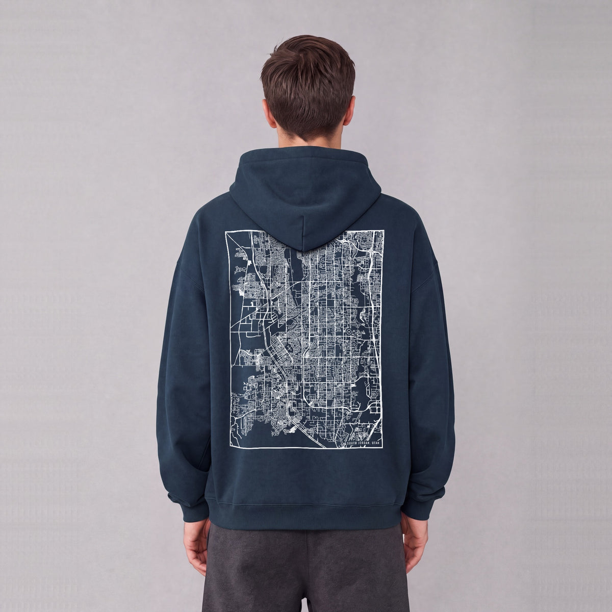 South Jordan map hoodie, back print on model - Navy Blue