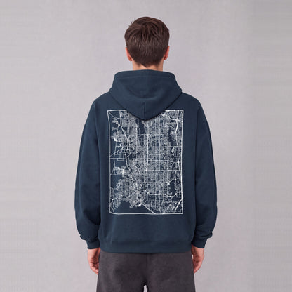 South Jordan map hoodie, back print on model - Navy Blue