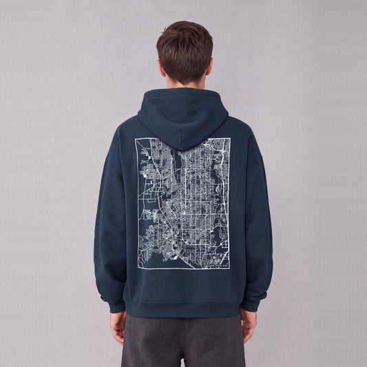 South Jordan map hoodie, back print on model - Navy Blue
