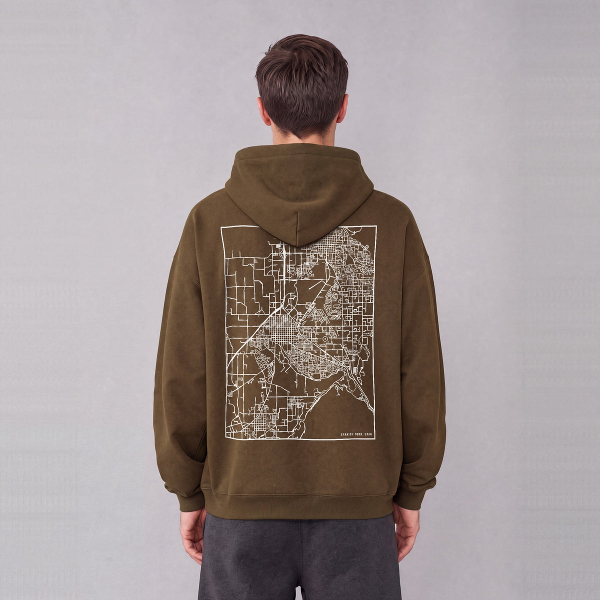 Spanish Fork map hoodie, back print on model - Coffee