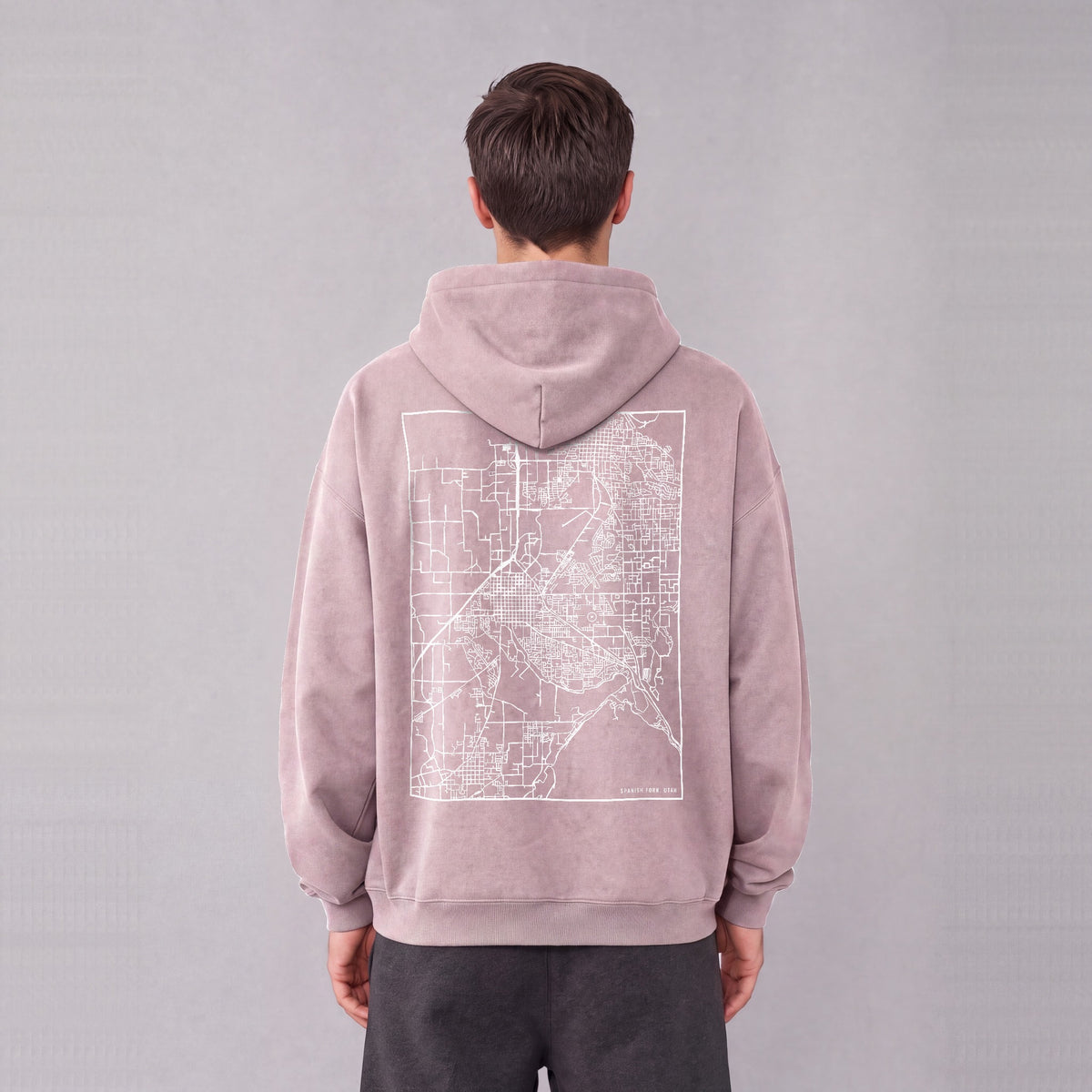 Spanish Fork map hoodie, back print on model - Mauve