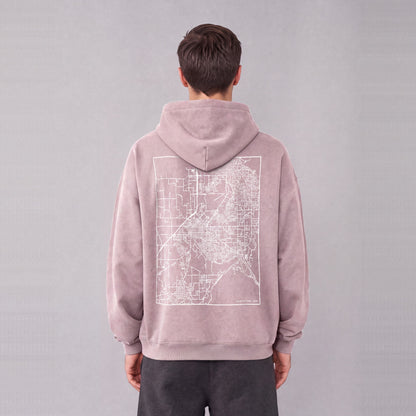 Spanish Fork map hoodie, back print on model - Mauve