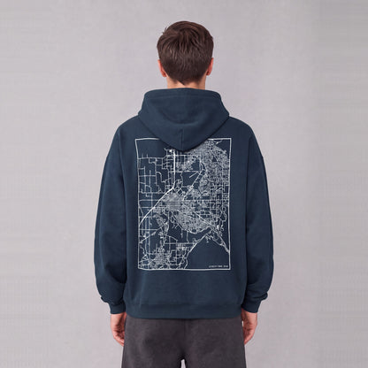 Spanish Fork map hoodie, back print on model - Navy Blue