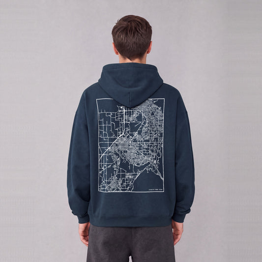 Spanish Fork map hoodie, back print on model - Navy Blue