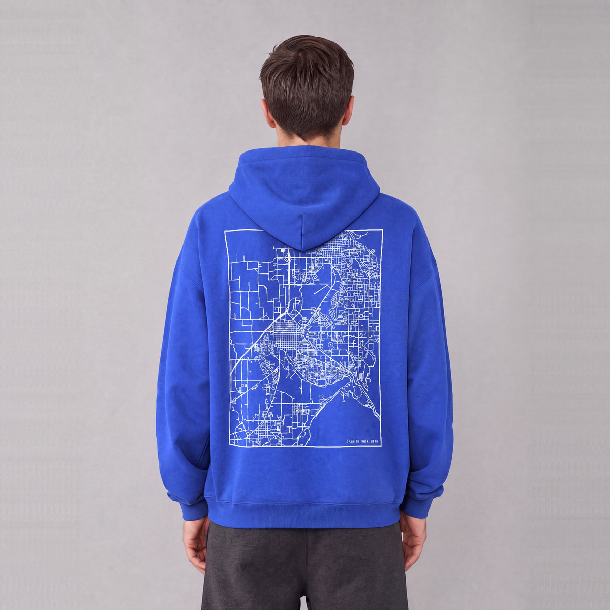 Spanish Fork map hoodie, back print on model - Royal Blue
