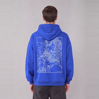 Spanish Fork map hoodie, back print on model - Royal Blue