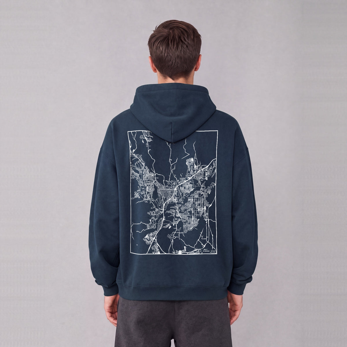 St. George map hoodie, back print on model - Navy Blue