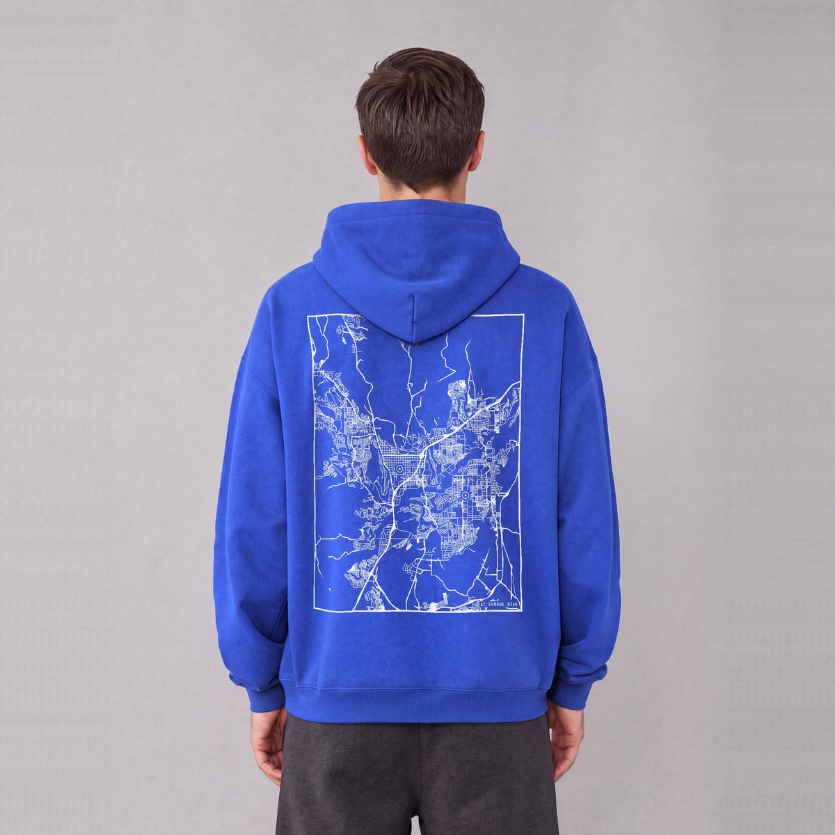 St. George map hoodie, back print on model - Royal Blue