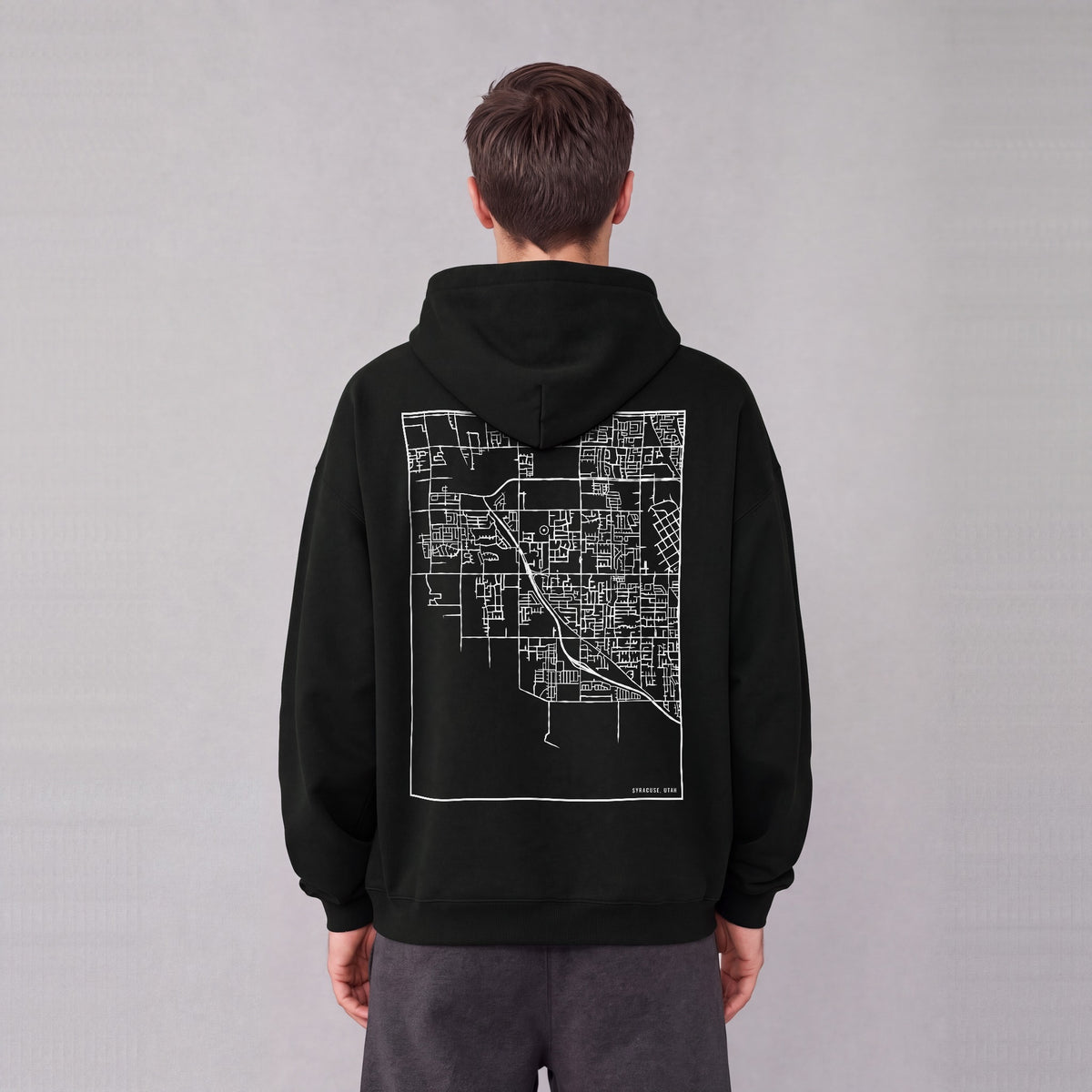 Syracuse map hoodie, back print on model - Black