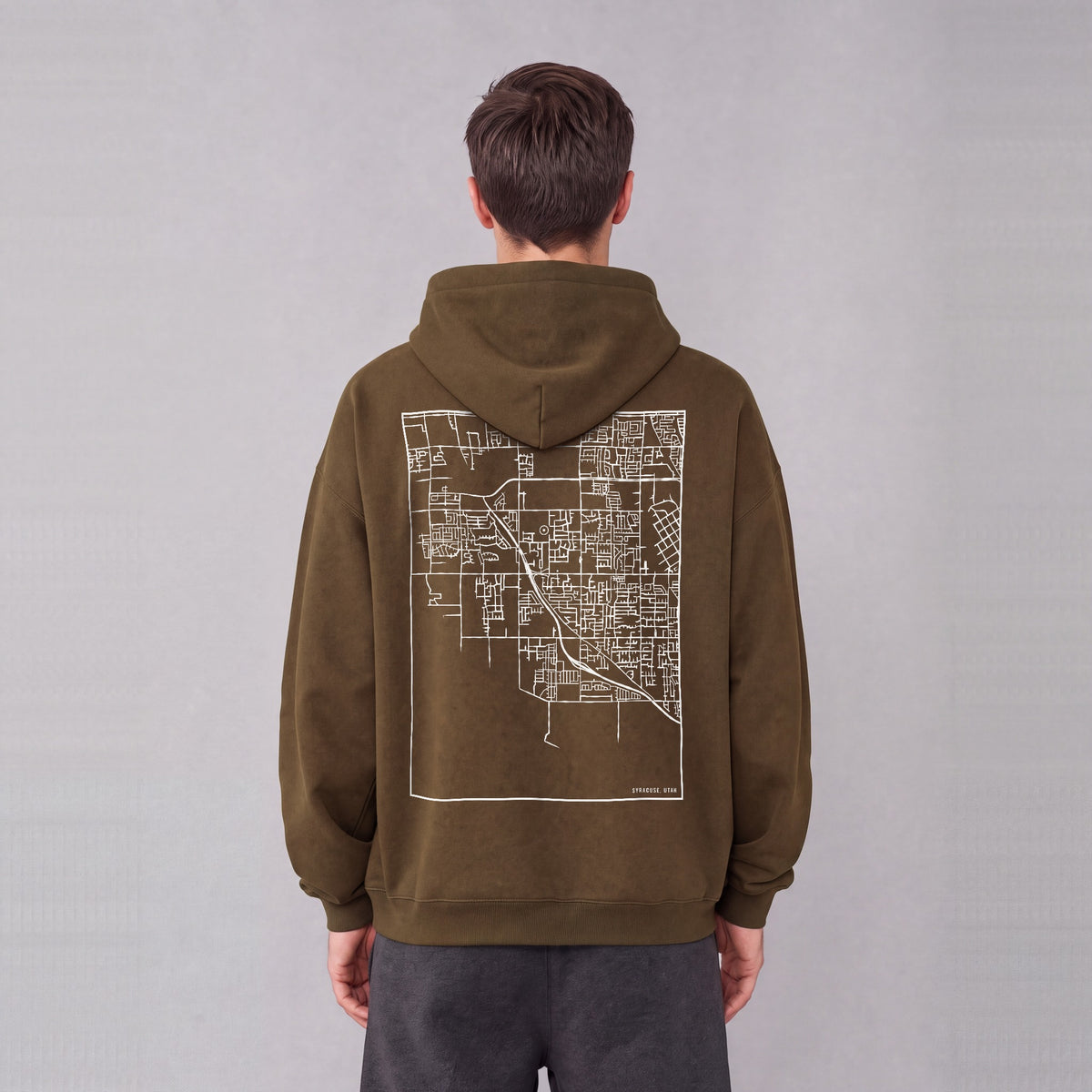 Syracuse map hoodie, back print on model - Coffee