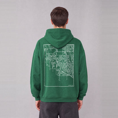 Syracuse map hoodie, back print on model - Eden Green