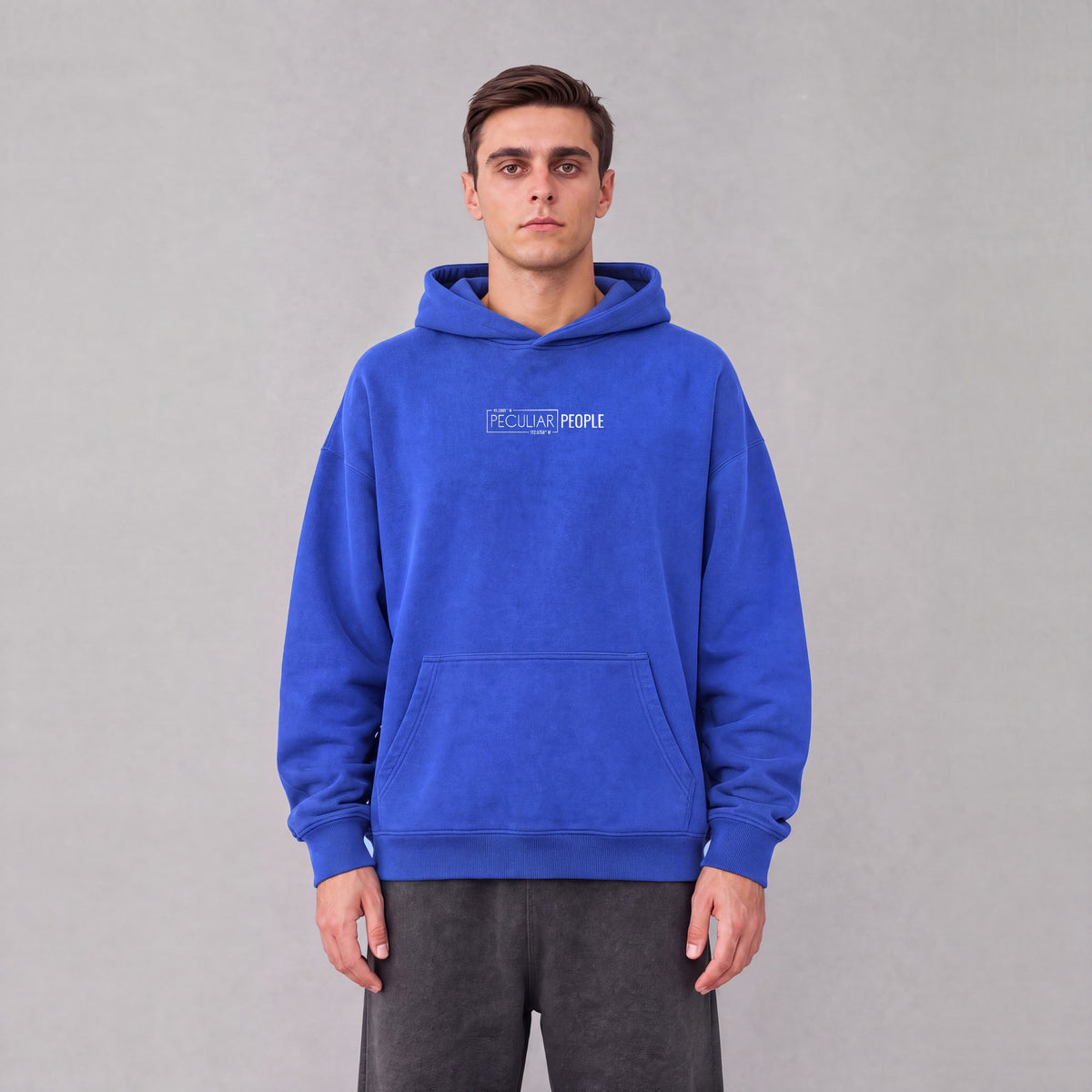 Syracuse map hoodie, front logo on model - Royal Blue