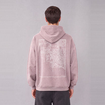 Syracuse map hoodie, back print on model - Mauve