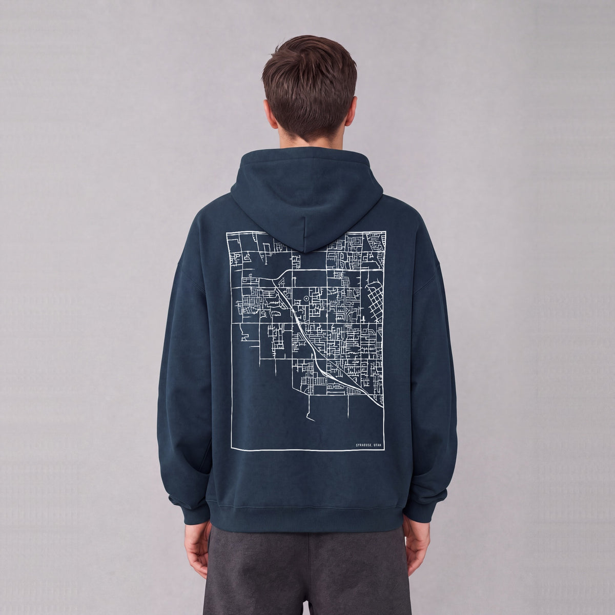 Syracuse map hoodie, back print on model - Navy Blue
