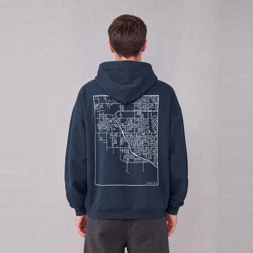 Syracuse map hoodie, back print on model - Navy Blue