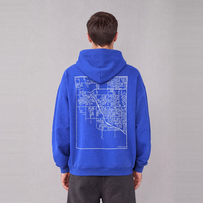 Syracuse map hoodie, back print on model - Royal Blue