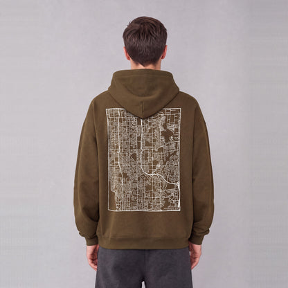 Taylorsville map hoodie, back print on model - Coffee