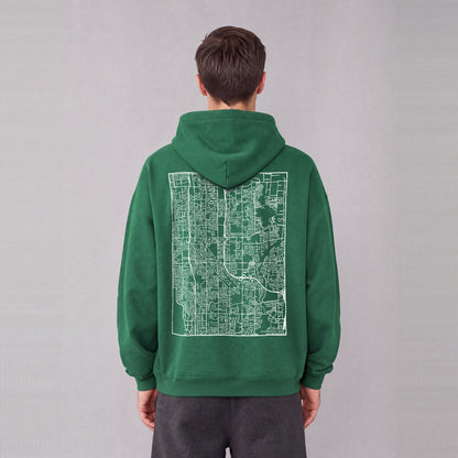 Taylorsville map hoodie, back print on model - Eden Green
